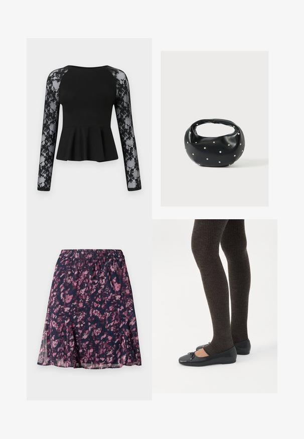 Schwarz langärmliges Oberteil mit einem Peplum-Design. Solides Stoffoberteil und durchsichtige Spitzenärmel mit floralem Muster. Runder Ausschnitt, taillierte Silhouette.; Marinefarbene Rock mit elastischem Bund, der ein pink-lila abstraktes Blumenmuster und einen leicht ausgestellt geschnittenen Saum aufweist.; Beine in dunklen, gerippten Leggings kombiniert mit schwarzen Ballerinas mit kleinen Schleifendetails auf weißem Hintergrund.; Schwarze Lederhandtasche mit abgerundeter Form, verziert mit silbernen Nietenakzenten und kurzem Griff. Glatte Struktur und Reißverschlussverschluss.