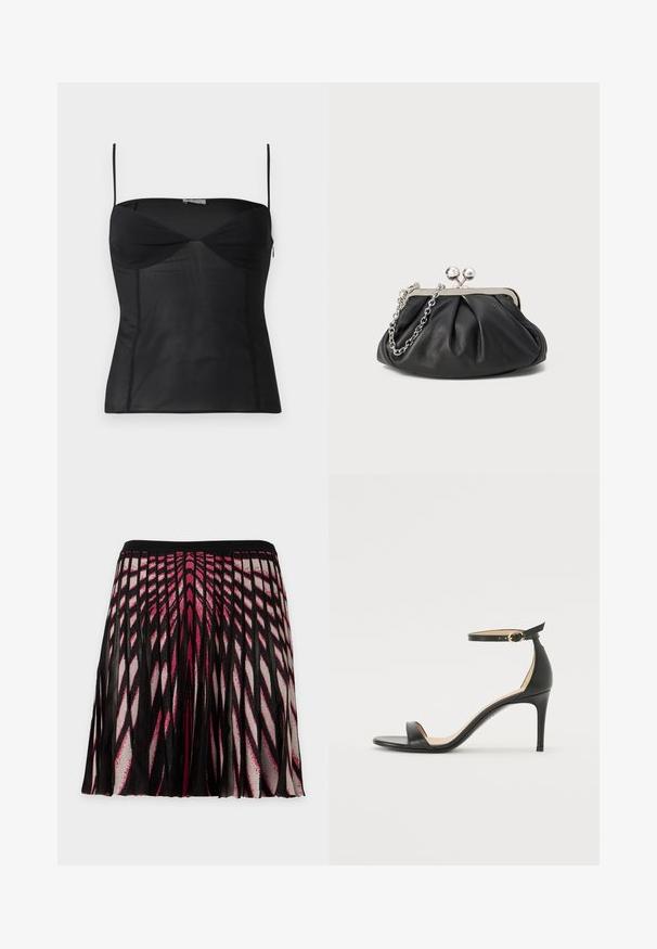 Haut noir ajusté sans manches avec fines bretelles, encolure en cœur et détails de coutures sur un fond blanc uni.; Jupe plissée noire avec des motifs géométriques roses et blancs audacieux créant un effet de rayon de soleil, avec une ceinture noire.; Sandale à talons hauts en cuir noir avec une lanière de cheville. Présente une texture lisse, un bout ouvert et un talon fin. Détail de boucle en ton doré.; Porte-monnaie en cuir noir avec texture froncée, cadre en métal argenté, fermeture à verrouillage kiss-lock et bandoulière en chaîne. Surface lisse et douce.
