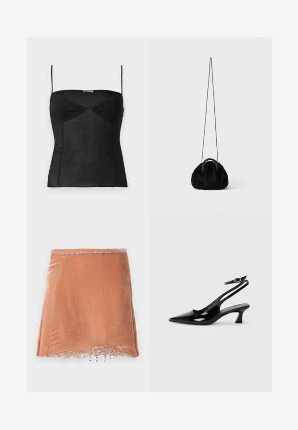 Sort ærmeløs tætsiddende top med tynde skulderstropper, hjerteformet udskæring og sømdetaljer på en ensartet hvid baggrund.; Rabanne Mini skirts - pink; Sorte patenterede læderslingbacks med spidse tæer, lav blokhælt og justerbar ankelrem med guldspænde.; Lille sort taske i kunstpels med flettede top-håndtag og lang tynd skulderrem på ensfarvet baggrund.