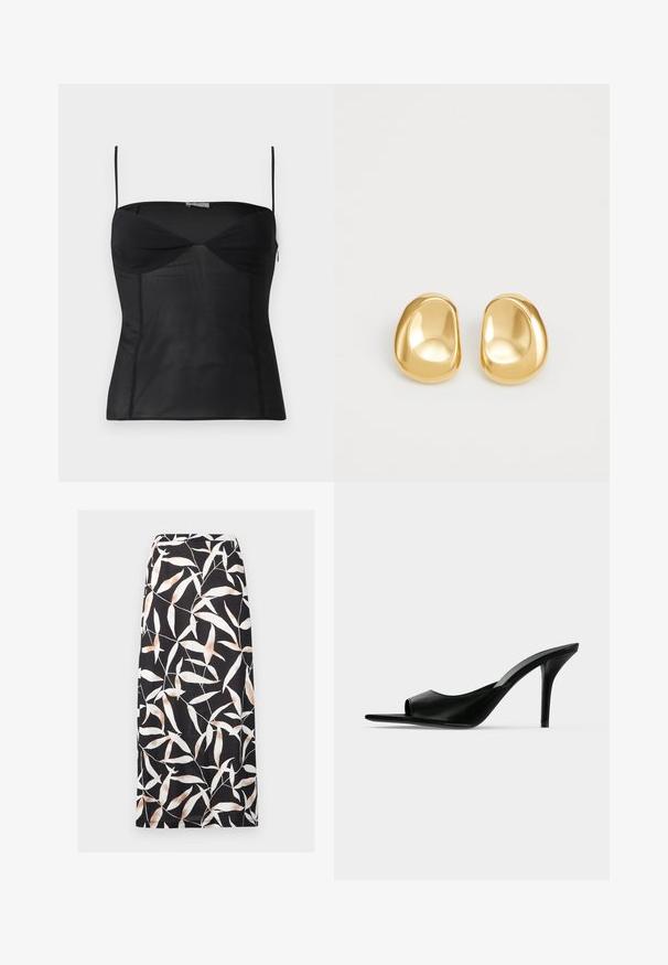 Haut noir ajusté sans manches avec fines bretelles, encolure en cœur et détails de coutures sur un fond blanc uni.; Jupe midi noire avec motif abstrait de feuilles blanches et beiges, coupe droite et taille ajustée.; Mule à talon haut en cuir noir à bout ouvert avec un talon stiletto fin, vue de profil sur un fond uni.; Boucles d'oreilles en forme de clou de couleur or, avec une forme lisse et arrondie et une surface réfléchissante, mettant en avant un design minimaliste sans motifs visibles.