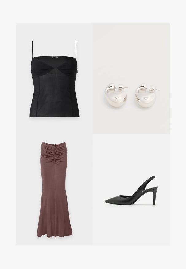 Haut noir ajusté sans manches avec fines bretelles, encolure en cœur et détails de coutures sur un fond blanc uni.; Malina MAJORI RUCHED - Jupe longue - chocolate; Escarpins à talon aiguille en cuir noir, avec un design à bout pointu, présentant une découpure à l'avant et un talon fin.; Paire de boucles d'oreilles argentées brillantes et épaisses avec fermoirs à tige, sur fond blanc uni.
