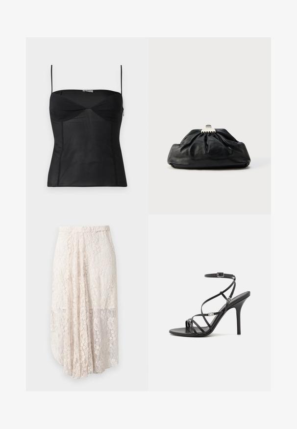 Top negro sin mangas ajustado con tirantes delgados, escote corazón y detalles de costuras sobre un fondo blanco liso.; Falda maxi de encaje en beige claro con patrones florales, sobrecapa transparente y cinturilla elástica. Presenta una silueta fluida y en capas.; Sándalo negro de tacón alto con tiras finas, hebilla en el tobillo, superficie de cuero suave y tacón de aguja esbelto.; Bolso de mano de cuero negro con textura recogida, cierre de broche metálico y logo en relieve sutil en el frente. Forma redondeada.