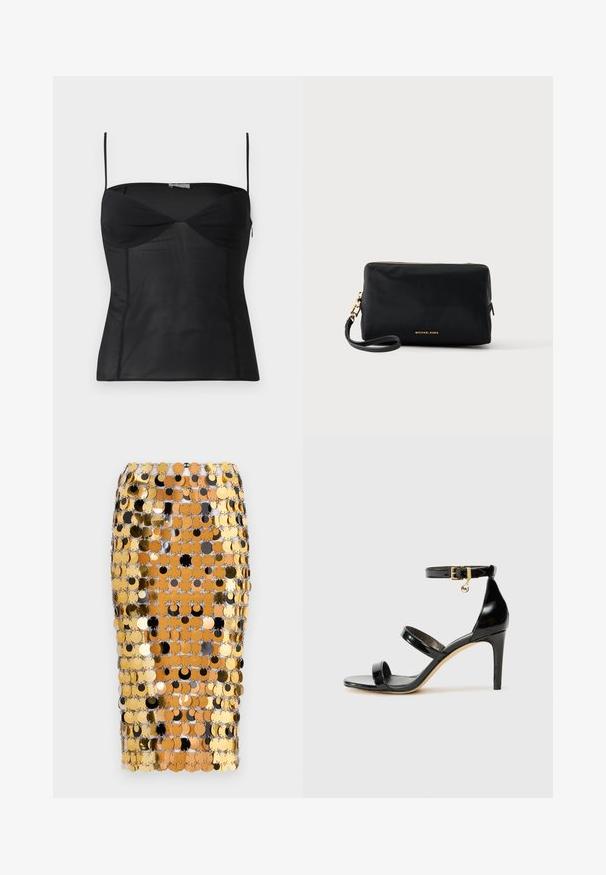 Haut noir ajusté sans manches avec fines bretelles, encolure en cœur et détails de coutures sur un fond blanc uni.; Rabanne Jupe crayon - brown/black; Sandale en cuir verni noir avec trois brides, boucle de cheville et talon aiguille de 10 cm. Présente un détail en métal doré et un charm logo.; Pochette rectangulaire noire pour poignet avec fermeture éclair dorée et logo, sangle détachable sur fond clair.