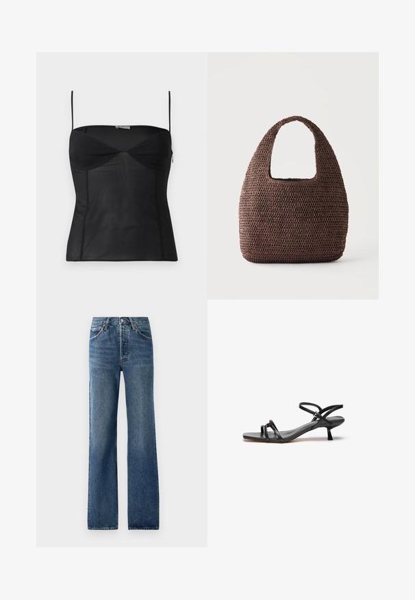 Sort ærmeløs tætsiddende top med tynde skulderstropper, hjerteformet udskæring og sømdetaljer på en ensartet hvid baggrund.; Blå denimjeans med lige ben, der har fem lommer, knaplukning og let falmede effekter med subtile slidmærker.; Sorte lædersandaler med et slankt, minimalistisk design. Har to tynde remme og en lille, skrå hæl. Glat tekstur og åben tå.; Brun hæklet tote-taske med bred hank og afrundet rektangulær form på ensfarvet lyse baggrund.