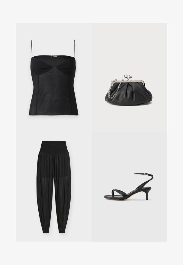 Haut noir ajusté sans manches avec fines bretelles, encolure en cœur et détails de coutures sur un fond blanc uni.; Pantalon noir taille haute transparent et ample, avec taille élastique et bas élastiqués, présenté sur un fond blanc uni.; Sandale pour femme en cuir noir avec fines lanières, une boucle d'orteil, une boucle à la cheville et un talon aiguille de hauteur moyenne sur un fond neutre.; Porte-monnaie en cuir noir avec texture froncée, cadre en métal argenté, fermeture à verrouillage kiss-lock et bandoulière en chaîne. Surface lisse et douce.