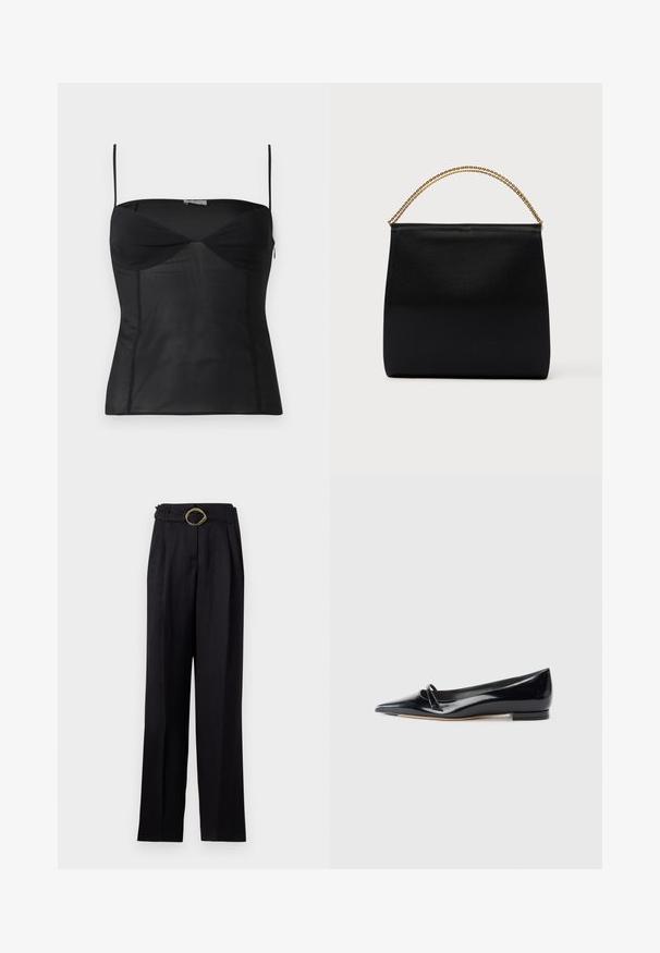 Top negro sin mangas ajustado con tirantes delgados, escote corazón y detalles de costuras sobre un fondo blanco liso.; Pantalones negros de cintura alta con un diseño de pierna ancha, que presentan una hebilla de oro retorcida en el cinturón. Tela suave con un brillo sutil.; Zapato plano de charol negro con punta afilada, pequeña tira decorativa y tacón bajo. Textura suave y diseño elegante.; Bolso negro de tela suave, con forma estructurada, asa de cadena dorada y diseño geométrico minimalista.