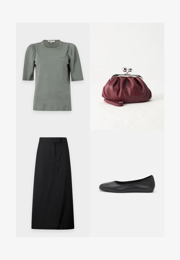 T-shirt en maille côtelée verte avec manches courtes ballon, col rond et un logo subtil sur la poitrine. Texture lisse et coupe ajustée.; Jupe midi noire taille haute avec un devant épuré, un détail de couture subtil et un ourlet droit sur un fond clair.; Ballerines en cuir noir avec un bout rond, texture lisse, détails de couture minimalistes et design de semelle flexible.; Petit sac pochette en cuir bordeaux avec fermoir métallique argenté et bracelet sur fond blanc.