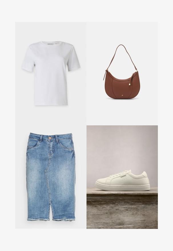 Witte t-shirt met korte mouwen van gladde katoen. Heeft een ronde halslijn en rechte zoom, zonder patronen of versieringen.; Lichtblauwe denim rok met voorsplit, rafelige zoom, ceintuurlussen, knoopsluiting en voorzakken.; Witte leren sneaker met veters die boven een houten bank zweeft, met groen lang gras dat op de achtergrond vervaagd is in de buitenlucht.; Bruine faux leren schoudertas met een gebogen vorm, minimale stiksels en een gouden hardware-accent. Voorzien van een bovenste ritsluiting en een verstelbare schouderband.