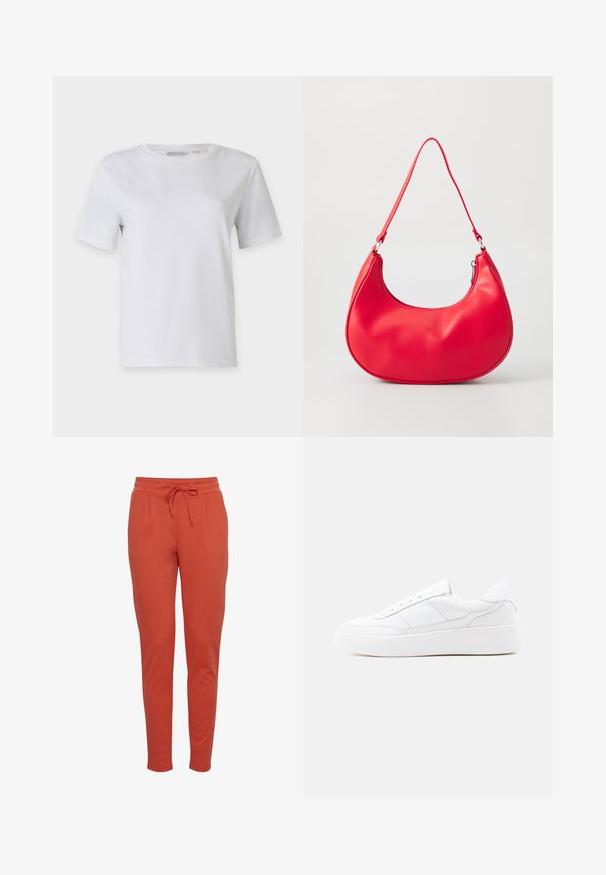 Hvid kortærmet t-shirt lavet af glat bomuld. Har en rund hals og lige kant, uden mønstre eller udsmykninger.; Rustfarvede sweatpants med elastik i taljen og snor foran, med sidelommer og blødt stof.; Hvid lavtop-sneaker med tyk sål, snørelukning og diskrete syningsdetaljer på en ensfarvet lys baggrund.; Rød syntetisk læder skuldertaske med en buet form, slank rem og lynlås lukning. Glat tekstur med synlige syninger.