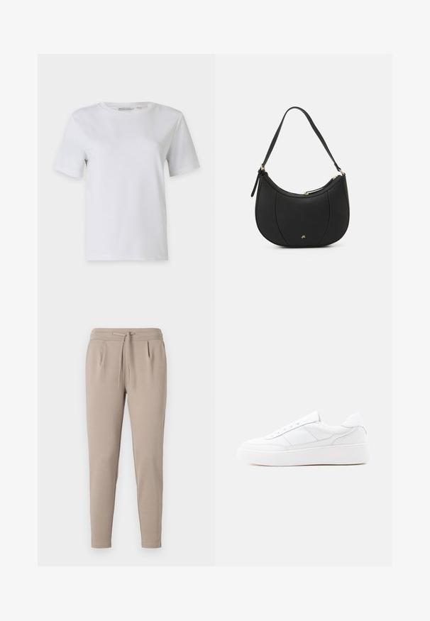Camiseta blanca de manga corta hecha de algodón suave. Presenta un cuello redondo y dobladillo recto, sin patrones ni adornos.; Pantalones jogger beige elaborados en tejido suave, con una cintura elástica y cordón, y bolsillos laterales. Diseño de pierna estrecha.; Zapatilla blanca de corte bajo con suela gruesa, diseño con cordones y detalles de costura sutiles sobre un fondo claro y uniforme.; Bolso de mano de cuero negro con forma curva, superficie texturizada, costuras frontales y un logo en tono dorado. Cuenta con una sola correa ajustable.