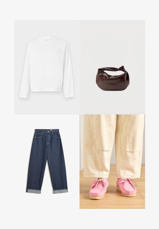 Gina Tricot Top s dlhým rukávom - white; Tmavomodré široké džíny s prehnutými manžetami, predným gombíkom a zipsom, pútkami na opasok a piatimi vreckami.; Ružové semišové mokasínové topánky so šnúrkami, ktoré majú textúrovaný povrch a svetlo béžovú gumovú podrážku, skombinované s béžovými nohavicami.; Tmavohnedá kožená kabelka cez rameno s mäkkým, voľným tvarom a držadlom v podobe skrúteného uzla na jednoduchom bielom pozadí.