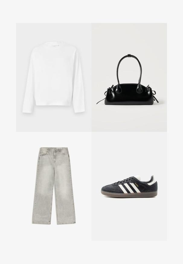 Gina Tricot T-shirt à manches longues - white; Jean denim gris à jambes larges avec une finition délavée, cinq poches et des éléments métalliques. Le tissu a une texture douce avec un ourlet net.; Baskets Adidas Samba noires avec des bandes blanches, semelle en gomme et texte doré "Samba" sur le côté, vues de profil gauche sur fond uni.; Petit sac à main noir brillant avec deux longues anses et des détails à cordon sur les côtés sur un fond clair uni.