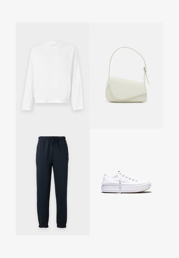 Gina Tricot Langærmet T-shirt - white; Sorte joggingbukser med elastisk talje, snøre, sidelommer og elastiske manchetter ved anklerne.; Hvid lavt snørestøvle med tyk plateau-sål, snørelukning foran og gummiforstærket tåkap, set i sideprofil.; Hvid taske i faux læder med en struktureret trekantet form, enkelt justerbart skulderstrop og en flaplås med kurver.