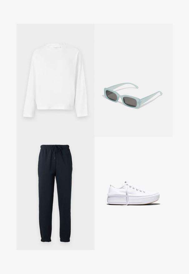 Gina Tricot T-shirt à manches longues - white; Pantalon de survêtement noir avec taille élastique, cordon, poches latérales et poignets élastiques aux chevilles.; Baskets basses blanches en toile avec semelle plateforme épaisse, lacets sur le devant et embout en caoutchouc texturé, vues de profil.; Une paire de lunettes de soleil rectangulaires avec des montures translucides bleu clair et des verres gris foncé, présentant des branches droites et des détails matériels minimaux.