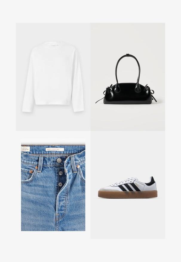 Gina Tricot Camiseta de manga larga - white; Jeans de mezclilla azul claro con corte recto a la altura del tobillo. Incluye cinco bolsillos, dos botones de metal y costuras naranjas visibles. Etiquetas presentes.; Zapatillas de cuero blancas con rayas negras, suela de goma, puntera redonda, cierre de cordones y caperuza de ante gris suave.; Pequeño bolso negro brillante con dos asas largas y detalles de cordón lateral sobre un fondo claro liso.