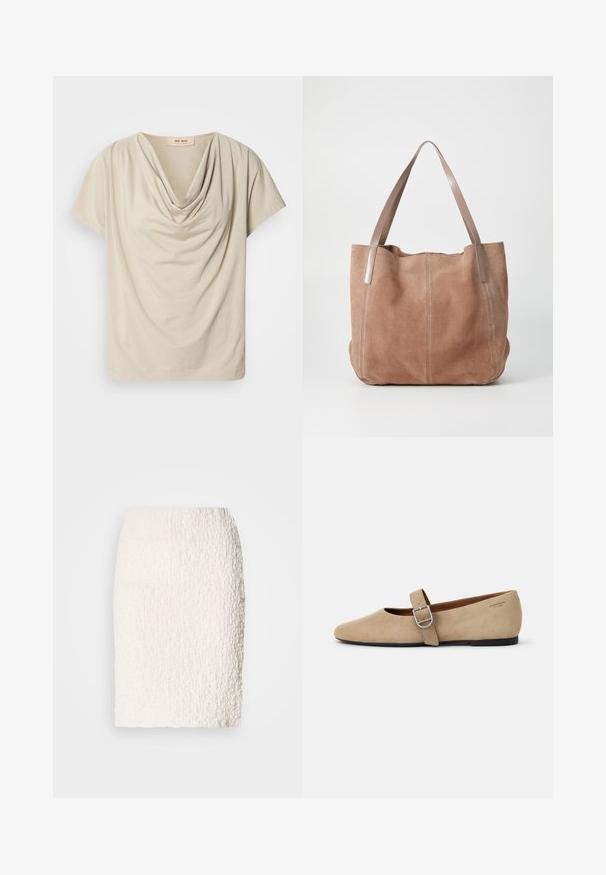 Μπεζ τοπ κοντομάνικο με διακριτό ντεκολτέ. Μαλακό, ελαφρύ ύφασμα με λεία υφή και άνετη εφαρμογή. Ετικέτα ορατή στον λαιμό.; Λευκή υφασμάτινη φούστα μολύβι με ελαφρώς αφράτη επιφάνεια, μήκους μέχρι το γόνατο, διαθέτοντας εφαρμοστή γραμμή και χωρίς ορατούς κλεισίματα ή διακοσμητικά στοιχεία.; Μπεζ σουέντ Mary Jane παπούτσια σε στιλ φλάντ με μυτερή μύτη και μία ρυθμιζόμενη λουρίδα που διαθέτει ασημένια ατσάλινη πόρπη. Μαύρη επίπεδη σόλα.; Anna Field LEATHER - Τσάντα Tote - taupe