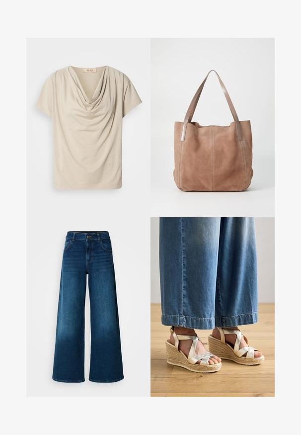 Beige top met korte mouwen en een gedrapeerde col. Zacht, lichtgewicht stof met een gladde textuur en een ontspannen pasvorm. Label zichtbaar bij de halslijn.; Wijde jeans van donkerblauwe denim. Heeft een hoge taille, knoopsluiting en klassiek vijf-vakken ontwerp met subtiele vervaging.; Gouden gekruiste wedge sandalen met een geweven jute basis. Kenmerkt brede kruisbanden en een ronde neusdesign. Draag ze met lichtblauwe wijde spijkerbroeken.; Anna Field by Zalando LEATHER - Shopper - taupe