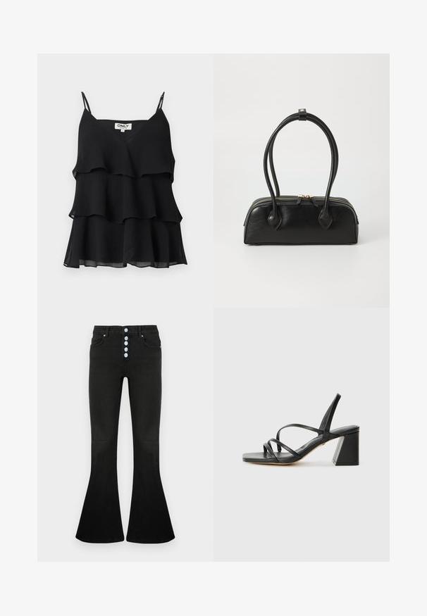 Top noir sans manches superposé avec fines bretelles et une étiquette "ONLY" sur un fond uni.; Jean évasé noir taille haute, braguette à cinq boutons, texture en denim doux et détails de coutures discrètes sur les poches et les coutures.; Sandales noires à talons avec un bout carré, présentant plusieurs fines bretelles et un talon bloc géométrique. Texture en cuir lisse et design minimaliste.; Sac à main en cuir noir avec deux anses allongées, fermeture éclair et forme arrondie ; texture lisse avec une finition légèrement brillante.