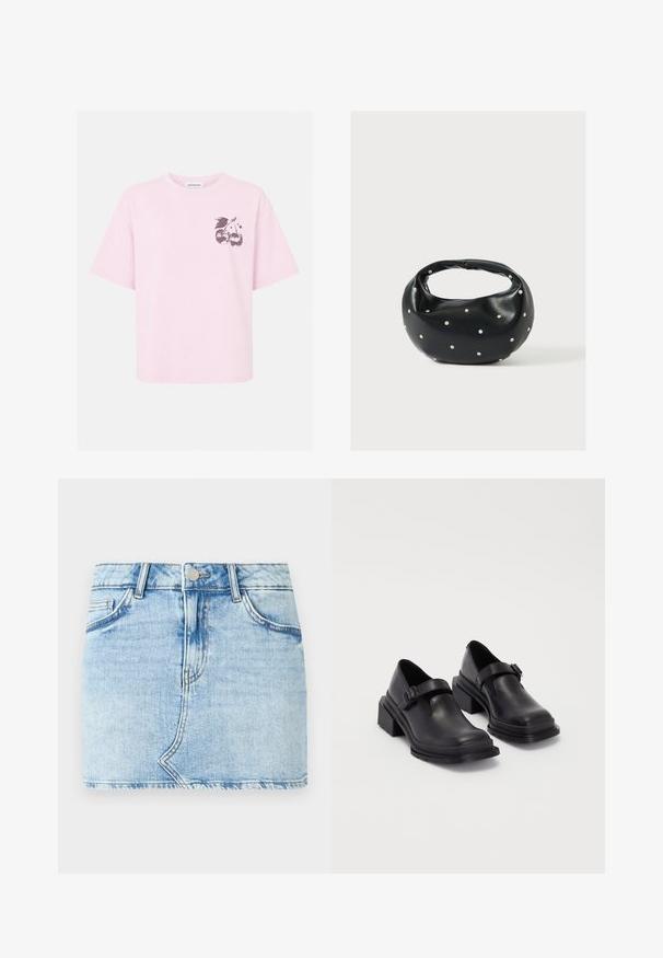 Lichtroze T-shirt met korte mouwen en een kleine afbeelding van twee discobal-kersen en bladeren op de linker bovenborst.; Lichtblauwe denim minirok met een klassiek ontwerp met vijf zakken, voorzien van een knoopsluiting aan de voorkant en een rafelige zoom.; Zwarte leren schoenen met een ronde neus, platte zool en een band met een gespdetail. Stevige blokhak voor extra stabiliteit.; Zwarte leren handtas met een afgeronde vorm, versierd met zilveren studs, en een korte handgreep. Gladde textuur en ritsluiting.