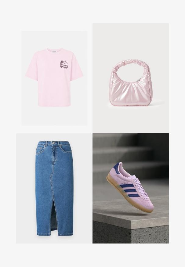 T-shirt rose clair à manches courtes avec un petit motif de deux cerises en forme de boule disco et des feuilles sur le haut gauche de la poitrine.; Jupe midi en denim bleue. Elle présente une fente avant, une taille haute et un design à cinq poches. Coutures classiques et accents en métal.; Baskets Adidas Gazelle violet clair avec des bandes bleu marine et une languette au talon, semelle en gomme, flottant au-dessus d’un rebord en pierre avec des escaliers flous en arrière-plan.; Sac à main rose rembourré avec un design arrondi, fabriqué à partir d'un matériau brillant. Dispose d'une poignée froncée et d'une fermeture éclair pour un accès sécurisé.