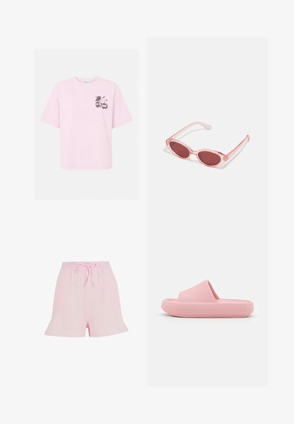T-shirt rose clair à manches courtes avec un petit motif de deux cerises en forme de boule disco et des feuilles sur le haut gauche de la poitrine.; Shorts rose clair en tissu texturé, dotés d'une taille élastique avec un lien à nouer et d'une silhouette décontractée et évasée.; Mules roses avec un dessus texturé et une semelle épaisse. Le design présente un motif côtelé subtil et une semelle intérieure plate.; Lunettes de soleil transparentes roses avec des verres ovales, teintés d'un rouge foncé, et des branches fines, présentant une finition lisse et des détails subtils sur la monture.