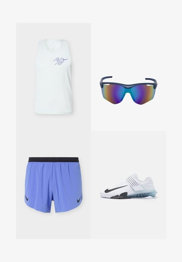 Haut de sport blanc sans manches en tissu perforé avec logo "N7" violet stylisé et Swoosh Nike sur la poitrine.; Shorts de sport bleu clair avec une ceinture noire et des logos Nike Swoosh noirs de chaque côté, présentés sur un fond uni.; Baskets blanches avec le swoosh noir de Nike, tige en maille, trois rayures noires et une semelle dégradée allant du bleu au transparent. Présente des accents renforcés.; Lunettes de sport avec une monture foncée et de grands verres miroirs reflétant des teintes bleues, violettes et orange.