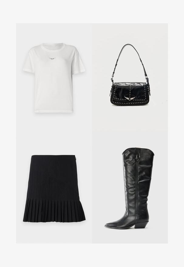 T-shirt en coton blanc à manches courtes, avec un petit motif noir d'ailes sur la poitrine et un col rond classique.; Jupe plissée noire avec des panneaux diagonaux cousus, une taille cintrée et un ourlet évasé. Les matériaux semblent légers et lisses.; Bottes en cuir noires arrivant aux genoux avec un bout pointu et un talon carré. Elles présentent une texture lisse et un détail de couture subtil à l'avant.; Sac à épaule en cuir noir avec des clous argentés et un emblème métallique ailé sur le rabat avant sur fond uni.