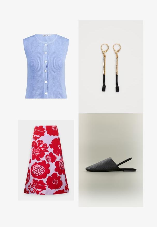 Hellblau, ärmellose Strickjacke mit gerippter Textur; verfügt über eine Frontknopfleiste mit fünf weißen Knöpfen. Markenetikett am Kragen sichtbar.; Roter Rock mit floralem Muster auf weißem Hintergrund; knielang mit einem ausgestellten Design und glatter Textur. Keine sichtbaren Verschlüsse oder Akzente.; Schwarzer strukturierter flacher Mule mit spitz zulaufender geschlossener Spitze und dünnem elastischem Slingback-Riemen, vor einem schlichten hellen Hintergrund.; Goldene Klappohrringe mit vertikalen Stäben, die mit klaren Kristallen und schwarzen rechteckigen Steinen an den Enden verziert sind, auf einem weißen Hintergrund.