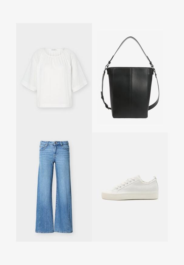 Hvid løs bluse med rund halsudskæring, samlet stof ved kraven og brede halvlange ærmer med vandret stingdetalje.; Lyseblå denimjeans med høj talje, knap- og lynlåslukning, forlommer og vide ben.; Hvide kanvas sneakers med en struktureret overdel, rundt tåhætte, flad sål og snørelukning. Har en let flossede krave og en løkke.; HVISK CASSET SOFT STRUCTURE - Håndtasker - black