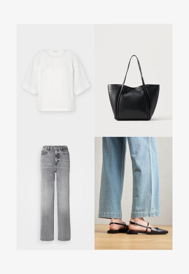 Hvid løs bluse med rund halsudskæring, samlet stof ved kraven og brede halvlange ærmer med vandret stingdetalje.; Grå højtaljede jeans med lige ben, lys slid og klassisk fem-lomme design med metalknaplukning.; Sorte læder slingback-sko med spidse tæer, flad hæl og ankelrem; båret med lyseblå viddebenede jeans.; Sort lædertaske med to lange håndtag og en let buet topkant, vist mod en ensfarvet lys baggrund.