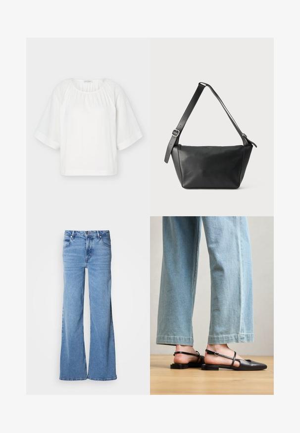 Blusa blanca de corte holgado con escote redondo, tela fruncida en el cuello y mangas anchas hasta el codo con detalle de costura horizontal.; Vaqueros de pierna ancha azul claro hechos de mezclilla. Presentan un diseño clásico de cinco bolsillos y una bragueta con botones visibles. Textura suave y acabado sin adornos.; Zapatos slingback de cuero negro con punta afilada, tacón plano y tira en el tobillo; llevados con jeans de pierna ancha en azul claro.; Bolso de cuero negro para hombro con una correa ancha ajustable y hebilla plateada, exhibido sobre un fondo claro y liso.