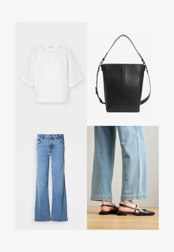 Blusa blanca de corte holgado con escote redondo, tela fruncida en el cuello y mangas anchas hasta el codo con detalle de costura horizontal.; Vaqueros de pierna ancha azul claro hechos de mezclilla. Presentan un diseño clásico de cinco bolsillos y una bragueta con botones visibles. Textura suave y acabado sin adornos.; Zapatos slingback de cuero negro con punta afilada, tacón plano y tira en el tobillo; llevados con jeans de pierna ancha en azul claro.; Bolso tipo cubo de cuero negro con dos correas de hombro ajustables y detalles de costura mínimos sobre un fondo liso.