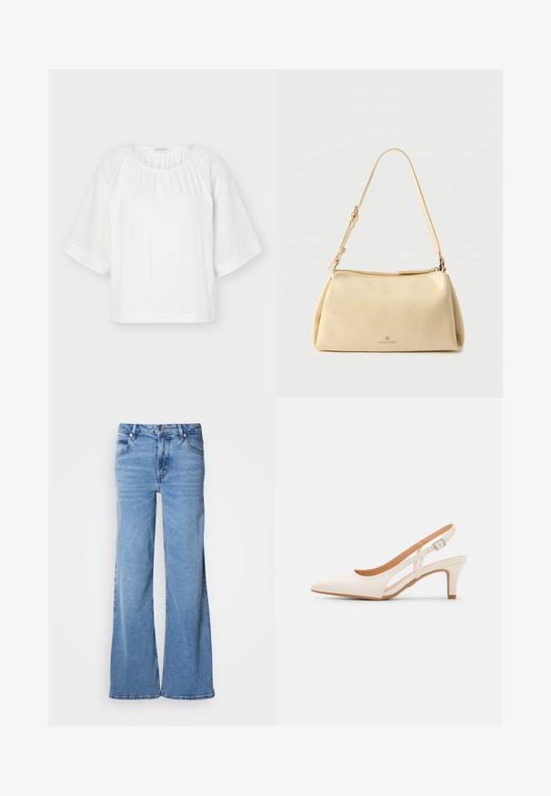 Witte loszittende blouse met ronde halslijn, geplooide stof bij de kraag en brede halflange mouwen met horizontale stiksel details.; Lichtblauwe jeans met wijde pijpen, gemaakt van denim. Voorzien van een klassiek ontwerp met vijf zakken en een zichtbare knoopsluiting. Zachte textuur en een eenvoudige afwerking.; Witte slingback hak met een spitse neus, glad bovenmateriaal, lage blokhak en een design met uitsparingen aan de zijkant, voorzien van een verstelbare gespsluiting.; Beige rechthoekige schoudertas met verstelbare riem en ritssluiting, met een klein "Anna Field" logo middenvoor.