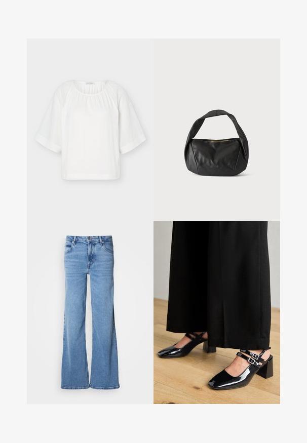 Blusa blanca de corte holgado con escote redondo, tela fruncida en el cuello y mangas anchas hasta el codo con detalle de costura horizontal.; Vaqueros de pierna ancha azul claro hechos de mezclilla. Presentan un diseño clásico de cinco bolsillos y una bragueta con botones visibles. Textura suave y acabado sin adornos.; Zapatos de charol negro tipo slingback con puntera cuadrada, que cuentan con dobles correas ajustables en el tobillo y tacones en bloque. Acabado suave y brillante.; Bolso de mano negro de cuero con correa ancha y cremallera superior, mostrado sobre un fondo claro y liso.