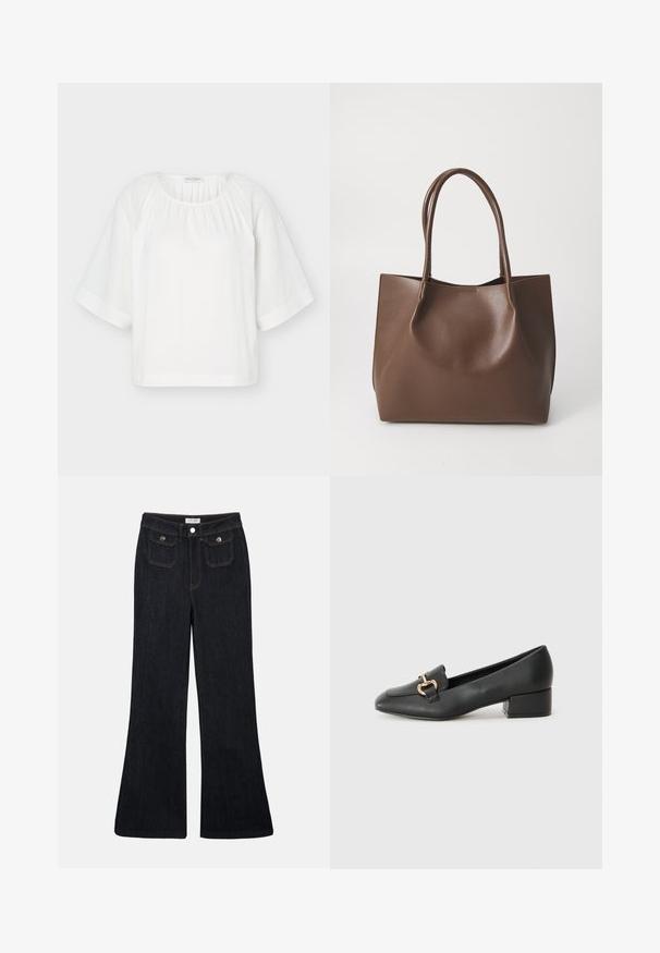 Witte loszittende blouse met ronde halslijn, geplooide stof bij de kraag en brede halflange mouwen met horizontale stiksel details.; Flared donkerdenim jeans met een hoge taille, twee voorzakken en oranje stiksels. Het materiaal lijkt stevig en glad.; Zwarte leren loafers met blokhak, een puntige neus en een goudkleurig metalen detail aan de voorkant, voorzien van een gladde textuur en een minimalistisch ontwerp.; Bruine leren tote bag met twee lange handvatten, gestructureerde vorm, gladde textuur en minimalistisch design. Geen zichtbare hardware of accenten.