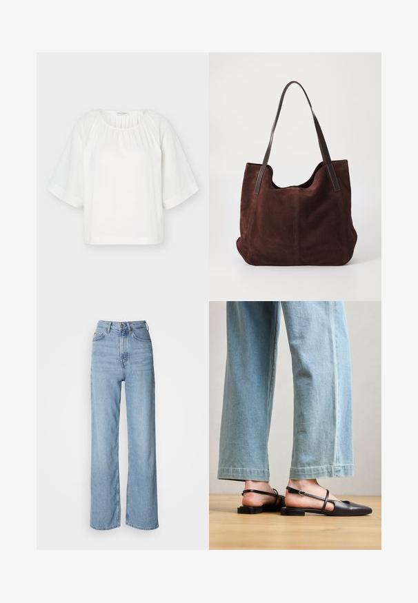 Weiße locker sitzende Bluse mit rundem Ausschnitt, gerafftem Stoff am Kragen und weiten halblangen Ärmeln mit horizontalen Nahtdetails.; Hellblaue hochgeschnittene Jeans mit geradem Bein, aus Denim gefertigt, mit einem Frontknopfverschluss und dezenten Verblassungen.; Schwarze Lederslingback-Schuhe mit spitzer Zehe, flachem Absatz und Knöchelriemen; getragen mit hellblauen, weit geschnittenen Jeans.; Braune Wildleder-Tasche mit zwei dunklen Leder-Schulterriemen. Weiche Textur, abgerundete Oberseite und ein geräumiges Innenleben. Keine sichtbaren Beschläge oder Verzierungen.