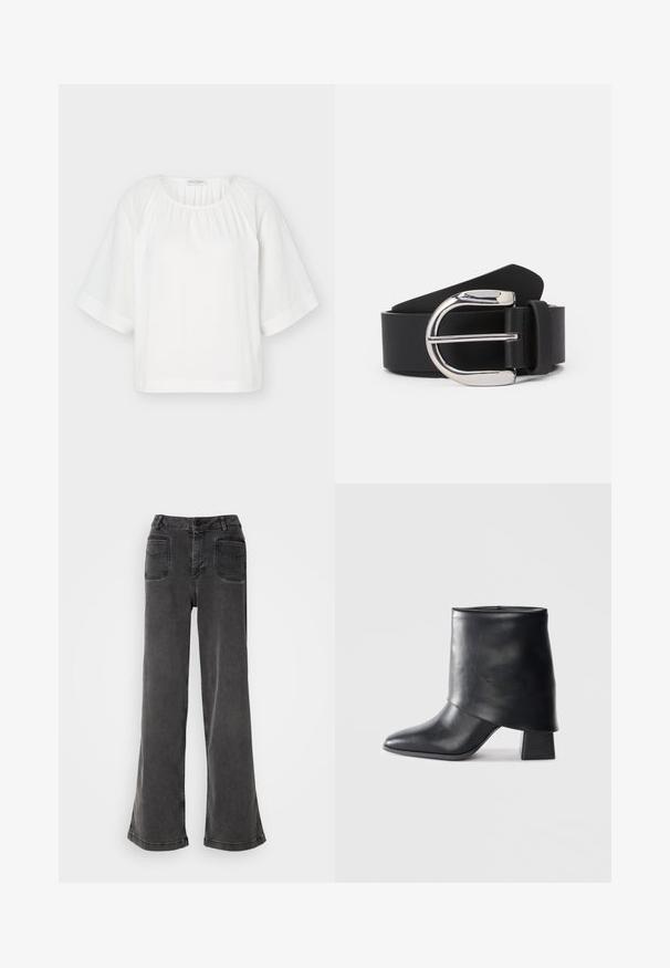 Weiße locker sitzende Bluse mit rundem Ausschnitt, gerafftem Stoff am Kragen und weiten halblangen Ärmeln mit horizontalen Nahtdetails.; Hoch geschnittene, weit geschnittene schwarze Jeans aus Denim, ausgestattet mit einem Knopfverschluss, Gürtelschlaufen und zwei hinteren Taschen mit gestickten Akzenten.; Schwarze Lederstiefelette mit spitzer Zehenform, glatter Oberfläche und strukturiertem Blockabsatz. Mit einem hohen, gefalteten Schaftdesign.; Schwarzer Leder-Gürtel mit einer silbernen Metallschnalle, verfügt über eine glatte Textur und ein klassisches Design. Der Gurt ist 3,8 cm breit.
