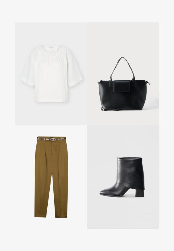 Blouse blanche ample avec encolure ronde, tissu froncé au col et larges manches mi-longues avec des détails de couture horizontaux.; Pantalons marron ajustés avec une taille plissée et une ceinture bien ajustée. Ceinture en cuir brun foncé incluse, dotée d'une boucle ronde.; Bottine en cuir noir à bout pointu, texture lisse et talon bloc structuré. Elle se distingue par un design de revers haut et plié.; Sac cabas en cuir noir avec deux poignées, une bandoulière amovible, une fermeture à rabat magnétique et une texture lisse. Fermeture supérieure zippée et surpiqûres décoratives.