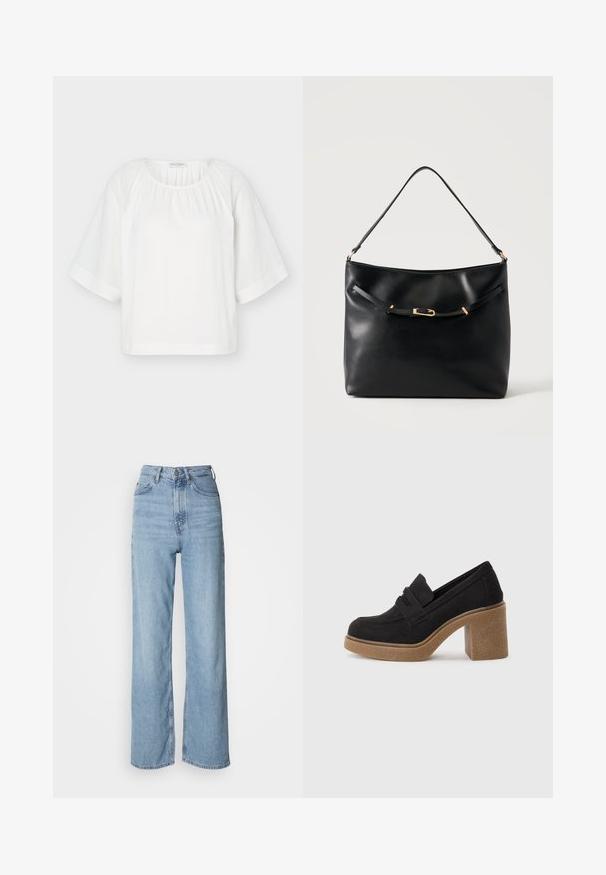 Witte loszittende blouse met ronde halslijn, geplooide stof bij de kraag en brede halflange mouwen met horizontale stiksel details.; Lichtblauwe high-waisted jeans met een rechte pijp, gemaakt van denim, met een sluiting aan de voorkant met knopen en subtiele vervagingdetails.; Zwarte suède loafers met een dikke, gestructureerde tan hak. Heeft een subtiele voorste banddetail. Afgeronde neusdesign met gladde randen.; Zwarte leren schoudertas met een enkele band en een klein gouden gespsdetail aan de voorkant tegen een effen lichte achtergrond.