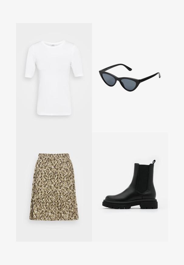 Hvid, letvægts, stræktilpasset t-shirt med rund halsudskæring og korte ærmer, der har en glat tekstur og ingen synlige mønstre.; Brun lagdelt nederdel med en let tekstur, der har et leopardprint mønster i sort og hvid. Elastisk talje, knælangt design.; Sorte læder Chelsea-støvler har en glat overflade, elastiske sidetillæg, en løftestang og en kraftig gummisål med en tekstureret slidbane.; Sorte katteøje solbriller med mørkegrå linser, slankt plastisk stel, spidse hjørner og lige stænger. Ingen synlig hardware eller dekorationer.