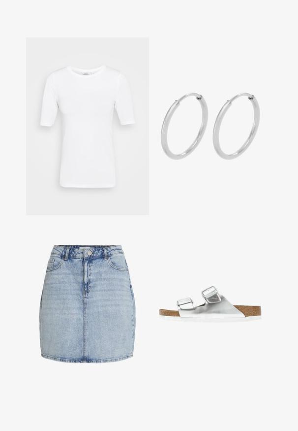 Witte, lichte, stretch-vriendelijke t-shirt met een ronde halslijn en korte mouwen, met een gladde textuur en zonder zichtbare patronen.; Lichtblauwe denim mini-jurk met een sluiting met knopen en rits aan de voorkant, riemlussen en voorzakken.; Zilveren metallic sandaal met twee verstelbare banden, kurken voetbed en witte zool. Gladde bovenkant met een glanzende afwerking.; Zilveren hoepeloorbellen, cirkelvormig, met een gladde glanzende textuur en een constante breedte. Minimalistisch ontwerp zonder extra accenten.