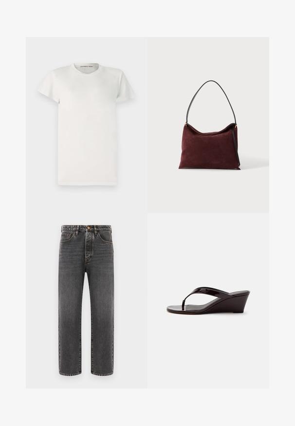 Witte t-shirt met korte mouwen van katoen, met een ronde hals en eenvoudige snit. Labels tonen "DESIGNERS REMIX" aan de binnenkant van de kraag.; Donkergrijze jeans van denim, met een rechte pijp, vijf zakken en zichtbare stiksels. Knopenfly sluiting bij de taille.; Bruine lakleren sleehaksandaal met teenslipperbandje en open teen, zijaanzicht tegen een effen achtergrond.; Zachte kastanjebruine suède handtas met zwarte schouderriem en gouden hardware, weergegeven op een witte achtergrond.