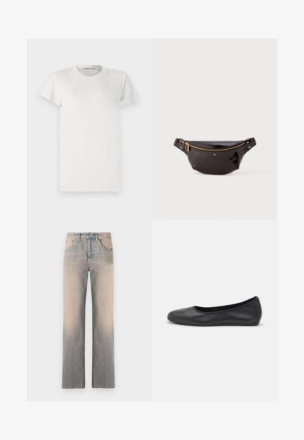 T-shirt blanc à manches courtes en coton avec un col rond et une coupe simple. Les étiquettes affichent "DESIGNERS REMIX" à l'intérieur du col.; Jean en denim bleu clair avec une coupe droite, comportant des poches avant, une décoloration subtile et une taille standard avec un bouton en métal.; Ballerines en cuir noir avec un bout rond, texture lisse, détails de couture minimalistes et design de semelle flexible.; Fanny pack en cuir noir et brillant avec un design courbé, accent en zip doré, sangle réglable et petit matériel décoratif.