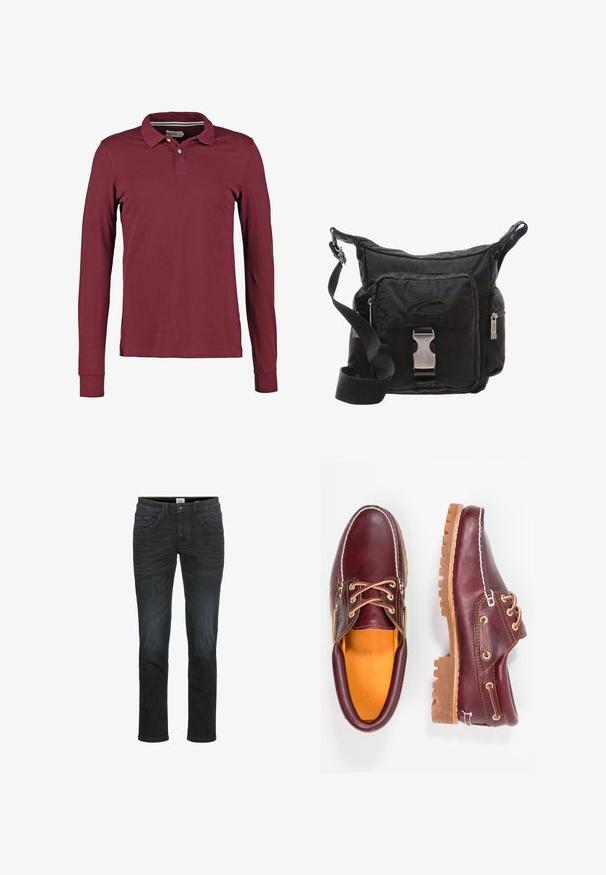 Langærmet polo skjorte i burgundy med klassisk krave, to-knap lukning og slidser i siden for bedre bevægelse. Glat bomuldsstof.; Slim-fit jeans i mørk denimvask, med fem lommer, bæltestropper og lynlås. Glat tekstur med minimal fading og syningsdetaljer.; Bordeaux lædersko med brune gummisåler, rund tå, hvid syning og gyldne snøringer. Indersiden har et gult for.; Sort nylon crossover taske med justerbar rem, lynlåslommer og en frontklap. Har en metalspænde og en subtil tekstur.