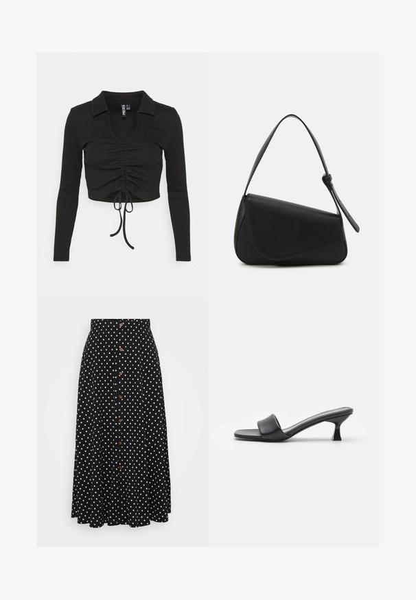 Pieces Petite PCTEGAN - Pikkade varrukatega topp - black; Mustade täppidega seelik, kõrge vöökoht, nööpide eesmine kinnitamine, põlve pikkus, valmistatud sileda tekstuuriga ja peene langevusega kangast.; Mustad mustekad jalatsid sileda, mati nahaga pealispinnaga, avatud varvastega, laia rihmaga päka kohal ja kitsase, ruudukujulise kontsaga.; Mustmust värvi nahk-käekott, kolmnurkse kujuga, kaldega klapp ja ümar pehandle. Omab siledat tekstuuri ja minimalistikku kujundust.