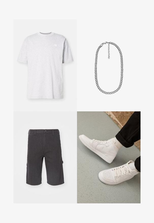 T-shirt en coton gris clair avec des manches courtes, col rond et un petit logo blanc sur la poitrine gauche. Texture douce, coupe décontractée.; Shorts noirs à rayures avec une coupe droite, dotés d'une fermeture à bouton et de poches latérales, fabriqués en tissu en mélange de coton texturé.; Baskets montantes blanches en cuir lisse avec un bout perforé, fermeture à lacets et un discret logo sur le côté. Semelle en caoutchouc texturé.; Collier chaîne curb ton argent avec fermoir mousqueton et chaîne d'extension réglable sur fond blanc.