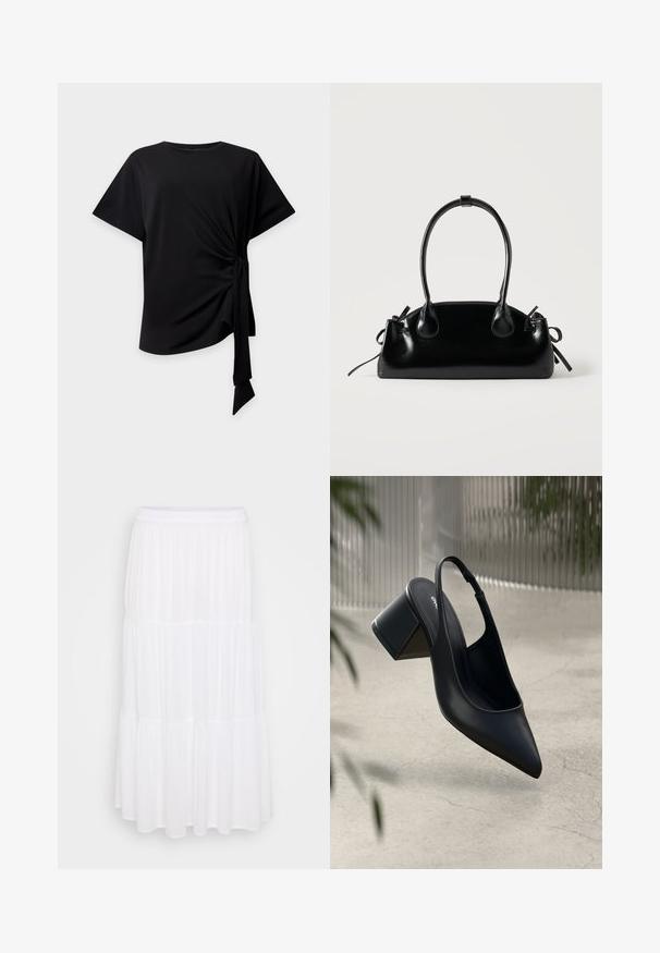 Zwarte top met korte mouwen, ronde halslijn en een knoopdetail aan de zijkant dat geplooide stof en een hangende strik creëert op een lichte achtergrond.; Witte gelaagde maxi-rok van lichtgewicht stof, met een elastische tailleband en een vloeiende textuur met subtiele plooidetails.; Zwarte leren slingback hak met een spitse neus en een blokhak. Glad oppervlak, minimalistisch ontwerp en verstelbare enkelband.; Kleine zwarte glanzende handtas met twee lange hengsels en zijkant trekkoord details op een effen lichte achtergrond.