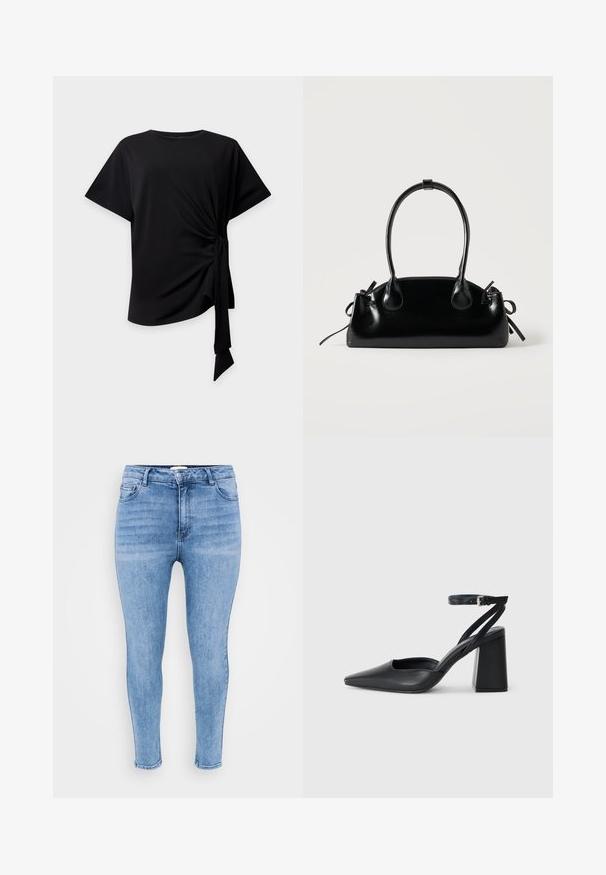 Sort top med korte ærmer, rund halsudskæring og knude i siden, der skaber samlet stof og et hængende bindebånd på en lys baggrund.; Lysblå skinny jeans lavet af denim, med høj talje, fem-lomme design og let falmning langs lårene.; Sort læder spidse pumps med ankelrem og en chunky hæl. Flad tekstur, slankt design og minimalistisk æstetik.; Lille sort blank håndtaske med to lange håndtag og snøre-detaljer i siden på en ensfarvet lys baggrund.