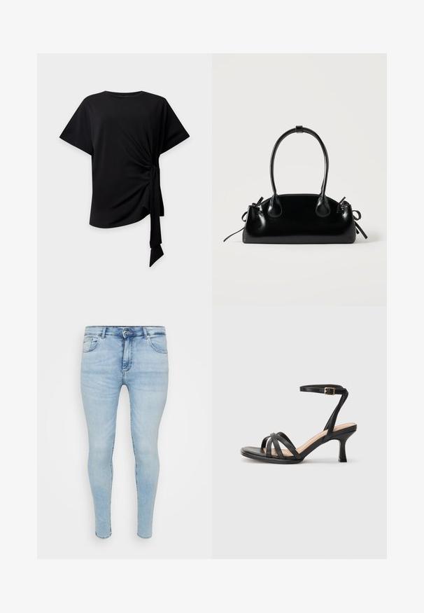 Sort top med korte ærmer, rund halsudskæring og knude i siden, der skaber samlet stof og et hængende bindebånd på en lys baggrund.; Lyseblå skinny jeans med et klassisk fem-lomme design, knap- og lynlåslukning samt slidt tekstur på stoffet.; Sorte høje hæle sandaler med flere tynde stropper over tæerne, en enkelt ankelstrop med en gylden spænde og en firkantet tå.; Lille sort blank håndtaske med to lange håndtag og snøre-detaljer i siden på en ensfarvet lys baggrund.