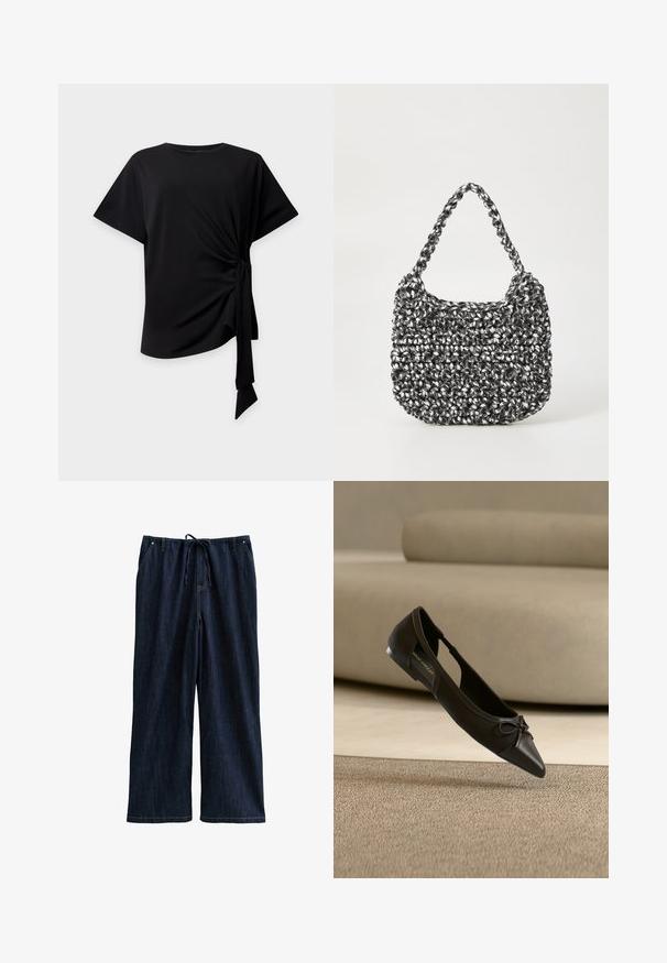 Zwarte top met korte mouwen, ronde halslijn en een knoopdetail aan de zijkant dat geplooide stof en een hangende strik creëert op een lichte achtergrond.; Donkerdenim broek met wijde pijpen en een trekkoord in de taille, voorzien van twee voorkezen en een gladde, stevige textuur.; Zwarte platte puntige schoen met een klein strikdetail, getoond boven een beige tapijt en voor een beige bank.; Geweven handtas in zwart en wit met een ronde vorm, gestructureerd oppervlak en een gevlochten handvat. Geschikt voor dagelijks gebruik.